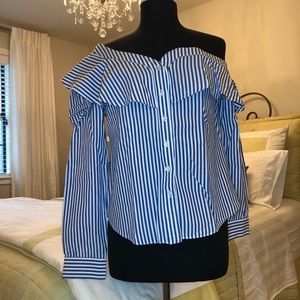 Bardot Blue and White One Shoulder Ruffled Shirt